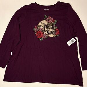 Torrid Burgundy Long Sleeve Top with Skull and Floral Design